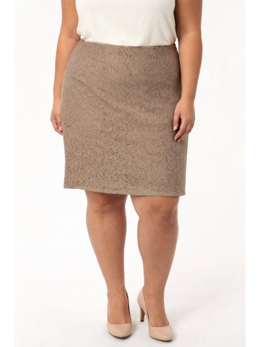 Leyla Pencil Skirt 12 Taupe Floral Lace Straight Lined Back Zip Classic Workwear